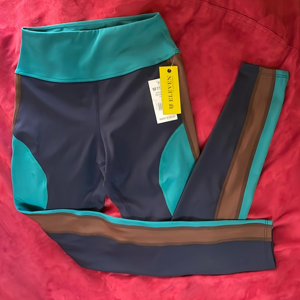 NWT EleVen by VW Side Split Blocked Leggings Size Small Navy Teal Brown